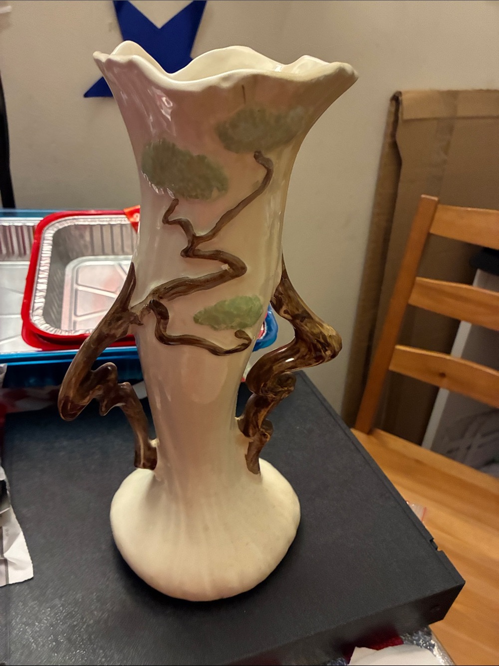 Hand-Painted Ceramic Cream Vase with Green Accents